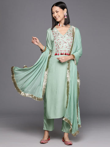 Varanga Women Floral Yoke Design Regular Sequinned Kurta with Trousers & Dupatta